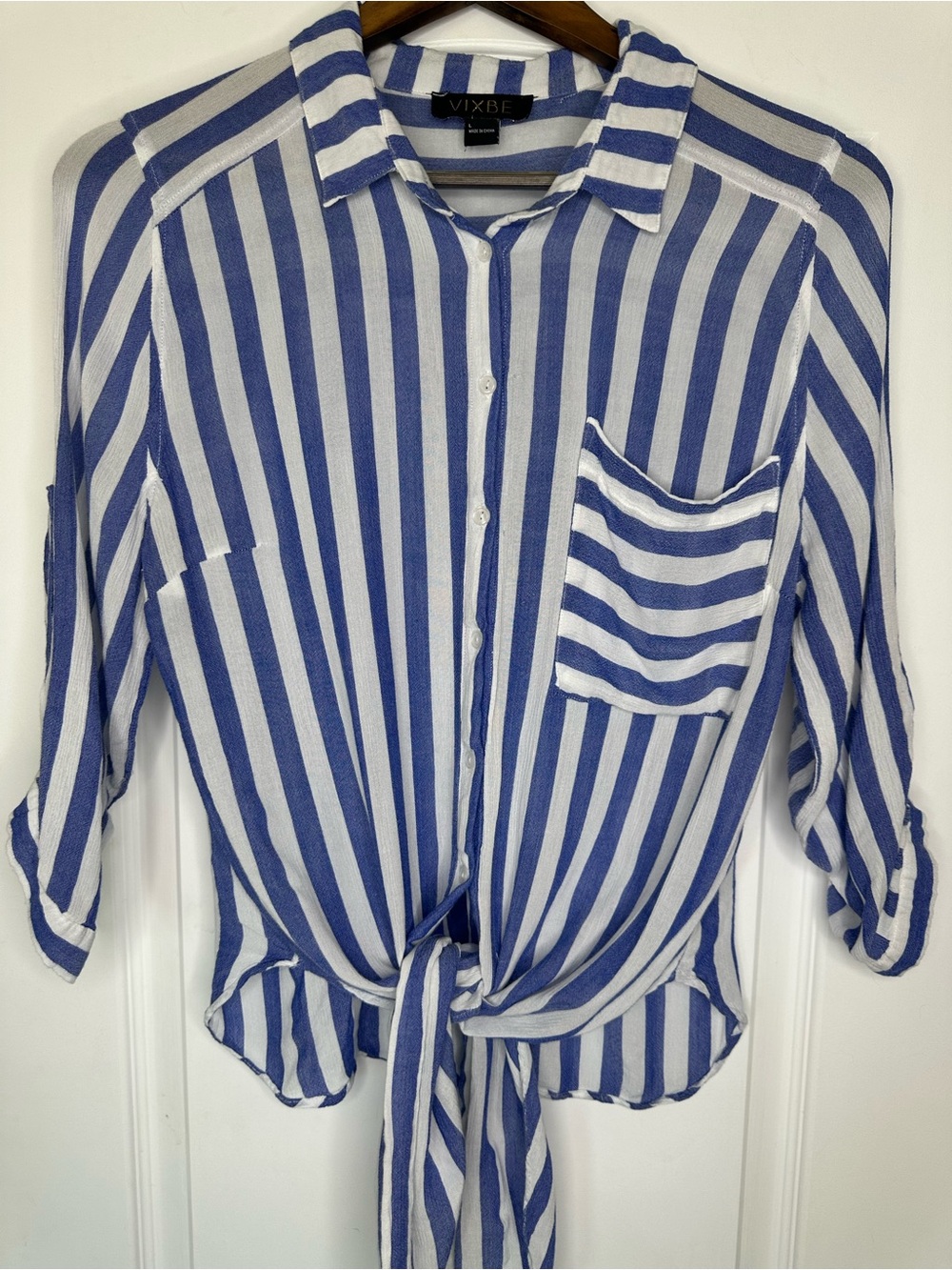 Vixbe Preppy Blue and White Striped Tie-Front Button Shirt Size L